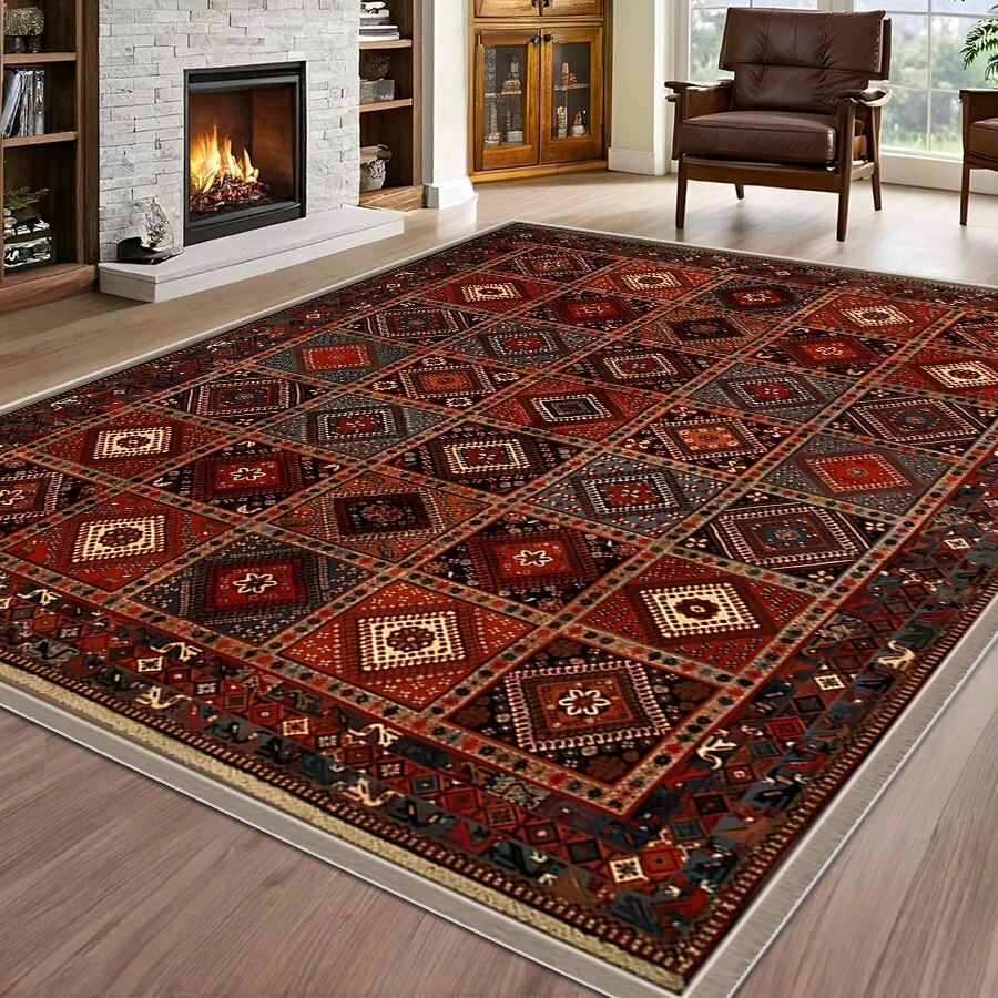 Local Rug, Retro Geometric Pattern Style Rug With Backing, Machine Washable Rug, Dot-Plastic Backed, Room Rug, Bedroom, Home Office, Kids' Room, Playroom, Kitchen, Dining Room Mother's Day Home Bathroom Decor