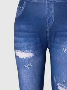 Girls Cute Cartoon Girl Pattern Digital Print Faux Ripped Denim Effect Casual Leggings, Spring/Summer/Autumn - Multicolor - View 4