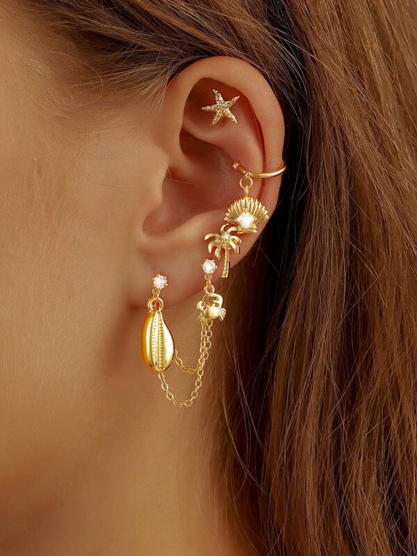 4 Pcs Summer Starfish Earrings Set Women Sea Life Shell Crab Palm Tree Earring Vacation Boho Jewelry