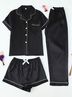 Conjunto de pijama de mujer de 3 piezas con top de manga corta de satén rosa con solapa y abotonadura sencilla y pantalones largos/cortos para primavera/verano