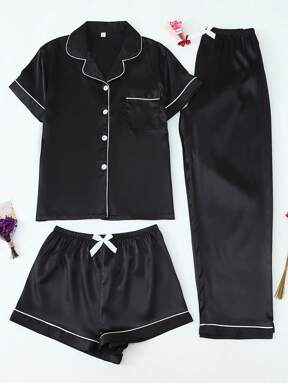 Set de 3 piezas de pijama de satén color rosa pálido con top de solapa de abotonadura sencilla de manga corta y pantalón largo/corto, conjunto de ropa de estar en casa para dama en primavera/verano