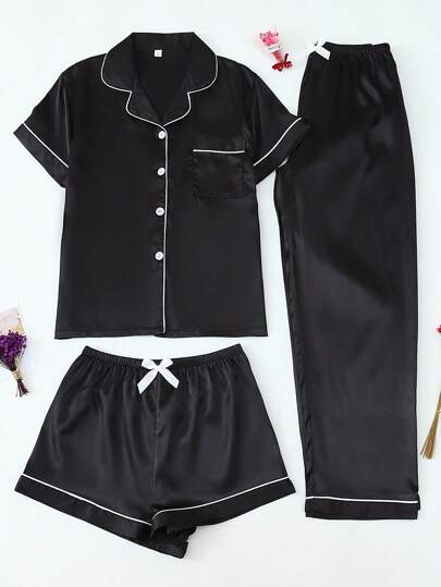 Set de 3 piezas de pijama de satén color rosa pálido con top de solapa de abotonadura sencilla de manga corta y pantalón largo/corto, conjunto de ropa de estar en casa para dama en primavera/verano