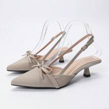 OMS Pointed Toe Thin Heel Sandals Women 2025 Spring Summer New French Style Closed Toe Breathable Backless Mid Heel Fashion Dress Pumps, Adjustable Strap, Light Beige, Kitten Heel, All Season
