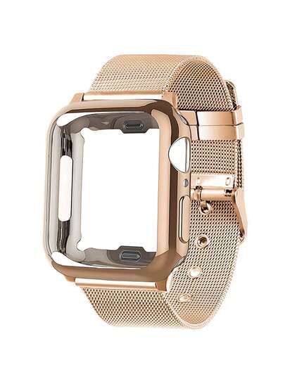 2 件套不锈钢网带，可调节玫瑰金扣，透气运动表带，采用 PC 软质材料防水防震内置屏幕保护膜表壳适用于 Ultra 3/21 系列 Se S10/S9/S8/S7/S6/S5/S4/S3/S2/S1 系列 38mm/40mm/41mm/42mm/44mm/45mm/46mm/49mm，适用于男女替换腕带