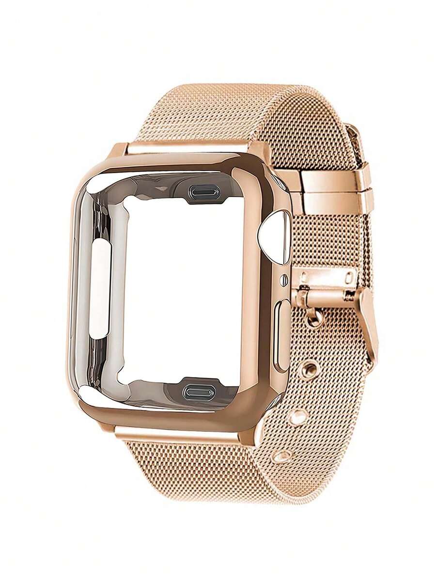 Huastonband Compatible Band And Case Set, 2pcs Rose Gold Stainless Steel Breathable Adjustable Mesh Band + PC Soft Material Anti-Collision Gold Watch Protective Case With Screen Protector For Series SE S10/S9/S8/S7/S6/S5/S4 38mm/40mm/41mm/42mm/44mm/45mm Men's And Women's Smart Watch Accessories, Men's And Women's Accessories For Summer Beach, Party, Holiday Gift