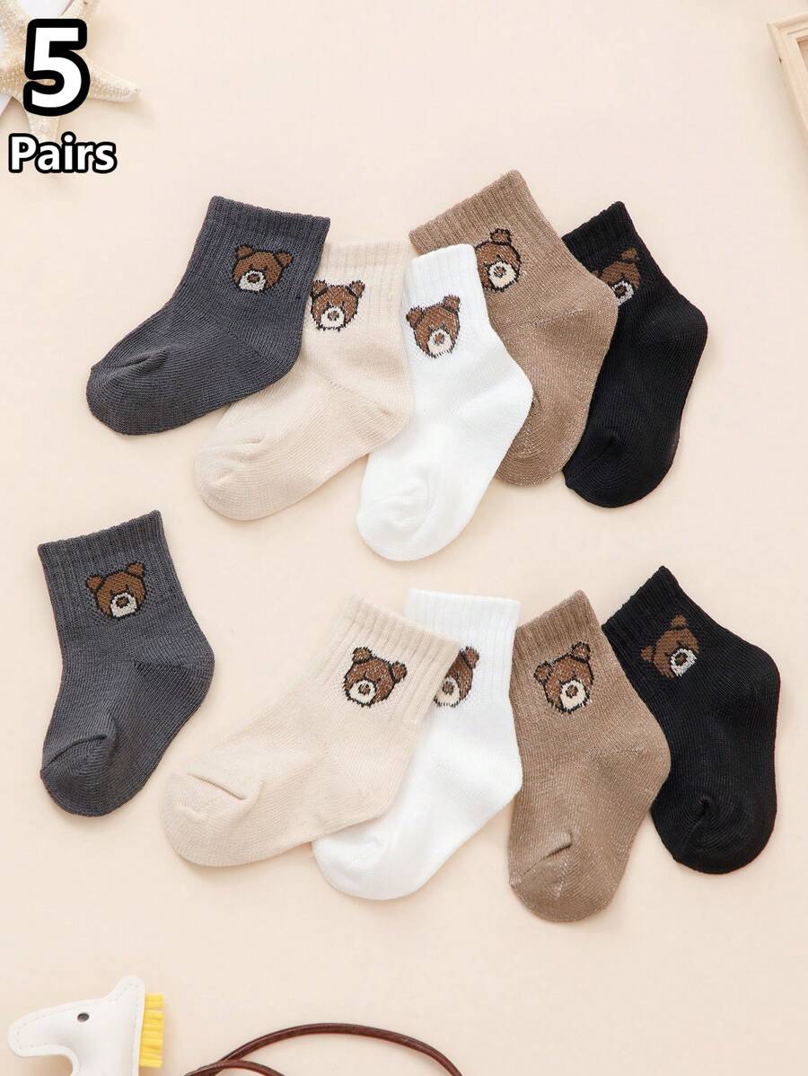 5 perechi de șosete cu design drăguț de ursuleți pentru bebeluși, șosete elastice până la jumătatea gambei, pentru copii mici, minimaliste și adorabile, primăvară/vară