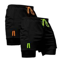 Kit 2 Dry Fit Thermal Training Shorts 2 In 1 With Cell Phone Pocket And Towel Holder Fitness Gym Shorts - 黑色 - 查看 1