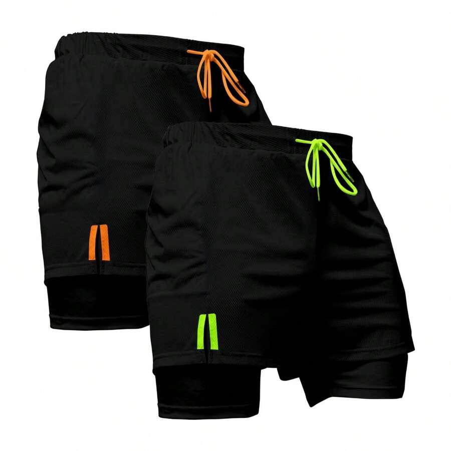 Kit 2 Dry Fit Thermal Training Shorts 2 In 1 With Cell Phone Pocket And Towel Holder Fitness Gym Shorts - 黑色 - 查看 1