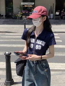 复古字母印花 Polo 领双拉链短款 T 恤，春夏休闲款 - 藏蓝色 - 查看 5