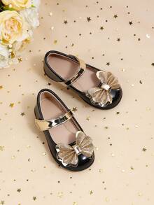 优雅的黑色蝴蝶结平底鞋，适合女童，搭配舒适的室内家庭聚会礼服 - 黑色 - 查看 2