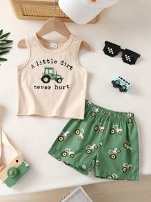 Conjunto de verano de 2 piezas para bebé niño - Camiseta sin mangas con estampado de coche de dibujos animados y pantalones cortos