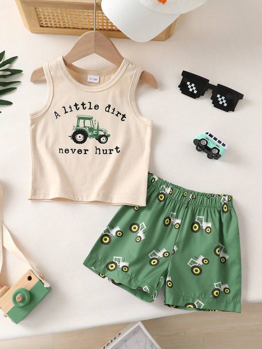 Conjunto de verano de 2 piezas para bebé niño - Camiseta sin mangas con estampado de coche de dibujos animados y pantalones cortos