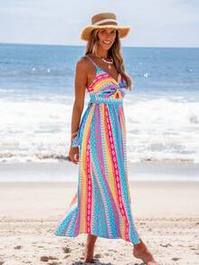 popvil Boho Printed Front Twist Cutout Maxi Dress - Blue - View 7