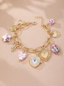 1pc Handmade Tulip Floral Porcelain Charm Bracelet, Faux Watch Style, Boho Jewelry With Heart, Cowboy Boot & Locket Charms, Randomized Colors & Patterns