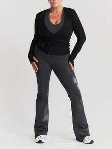 Women Yoga Workout Crop Tops Y2k Solid Color Wrap Tie-Up Front V-Neck Long Sleeve Slim Fit T-Shirts Bottoming Shirt Seamless Fitness Tops Going Out Blouse Ballet Athletic Tops Casual Streetwear