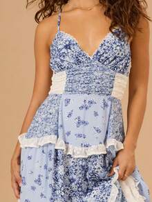 Women Spaghetti Strap Deep V Neck Boho Floral Maxi Dress Backless Smocked Ruffle Long Party Dresses - 藍色 - 查看 4