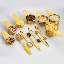 Juego de 13 piezas de tazas y cucharas de medir, de acero inoxidable 18/8 de alta calidad con mango ergonómico y conector de anillo, en color plateado - Oro - Ver 8