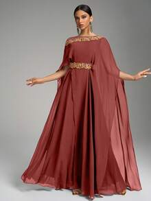 优雅圆领泡泡袖亮片刺绣束腰礼服，奢华别致的晚礼服，端庄 - 紅木色 - 查看 4