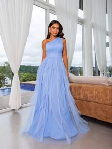 One-Shoulder Layered Bridesmaid Prom Dress - Serenity Blue - View 3
