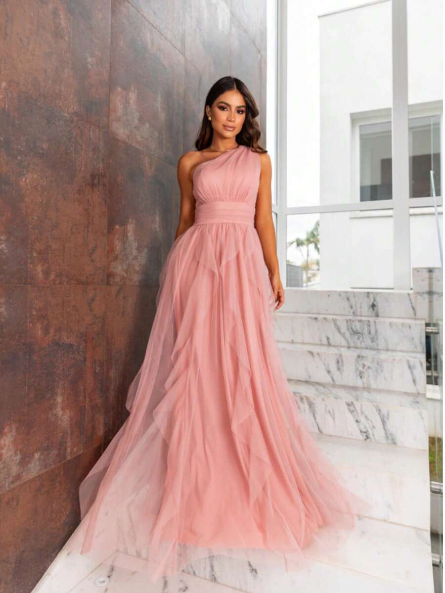 One-Shoulder Layered Bridesmaid Prom Dress - Rusty Rose - View 1
