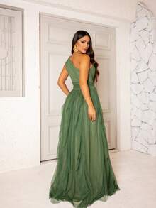 One-Shoulder Layered Bridesmaid Prom Dress - Olive Green With Shine - View 3