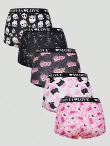 Dircho 5 件女式哥特式万圣节粉色卡顿哥特式字母和蜘蛛网全身印花撞色绑带平角裤，舒适柔软弹力腰部贴身内裤，女士内衣 - 彩色 - 查看 3