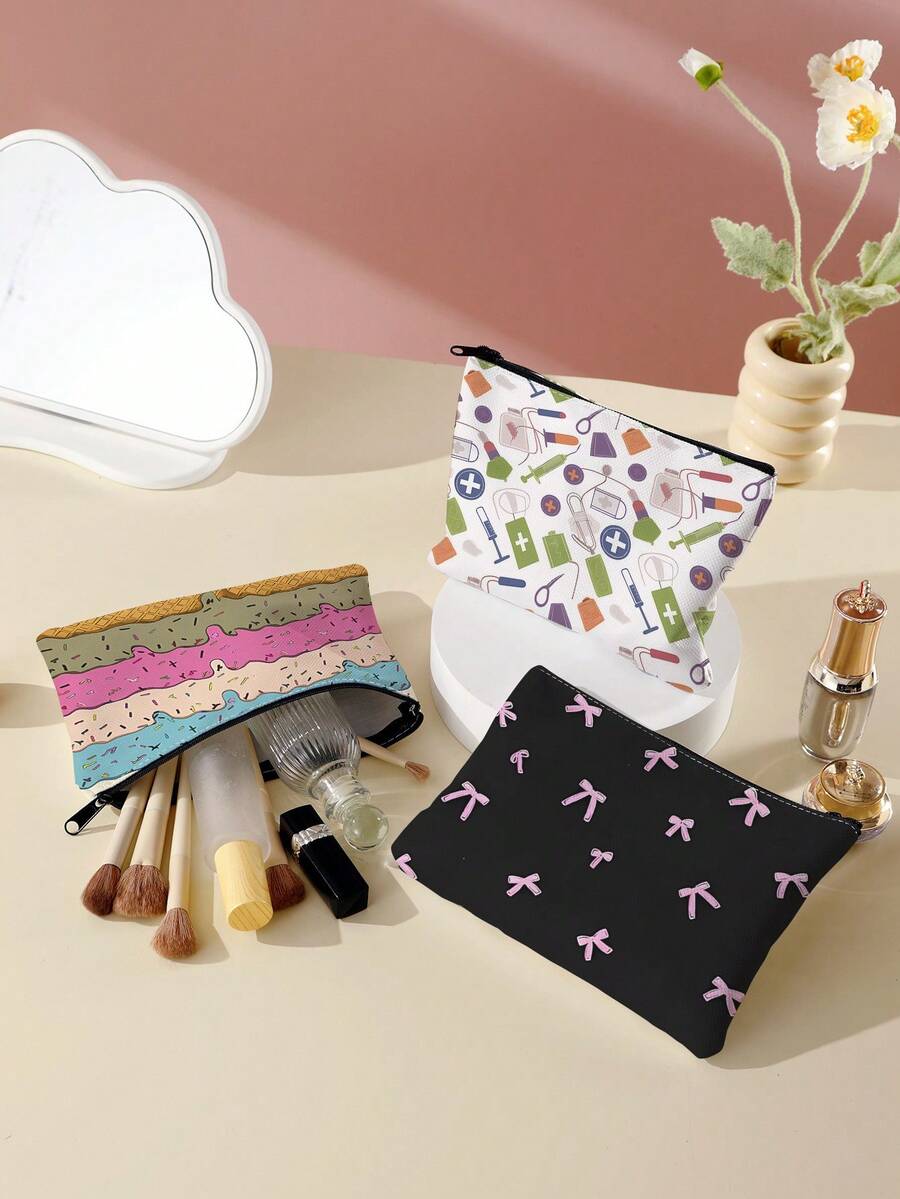 1pc Colorful Floral Bowknot Design Printed Toiletry Bag, Travel Pouch For Beach, Swimming Pool, Swimsuit, Travel Storage Bag, Cosmetic Bag, Makeup Bag, Organizer, Large Capacity Wash Bag For Lipstick, Brush, Skincare, Phone, Coins, Small Items, Multifunctional For Home, Gift, Holiday, Festival Use, Suitable For Teenagers, School Cosmetic Bag, Back To School Supplies, Cosmetics And Toiletries Storage, School Supplies, Storage Bag, Room Essentials - Multicolor - View 1