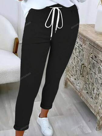 Plus Size Women Fashion Simple High Waist Tie Solid Color Versatile Casual Pants