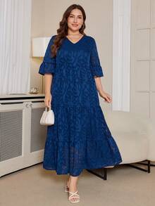 DEARCASE 大码女式深V领荷叶袖多层下摆长裙夏季度假优雅 - 海軍藍 - 查看 1