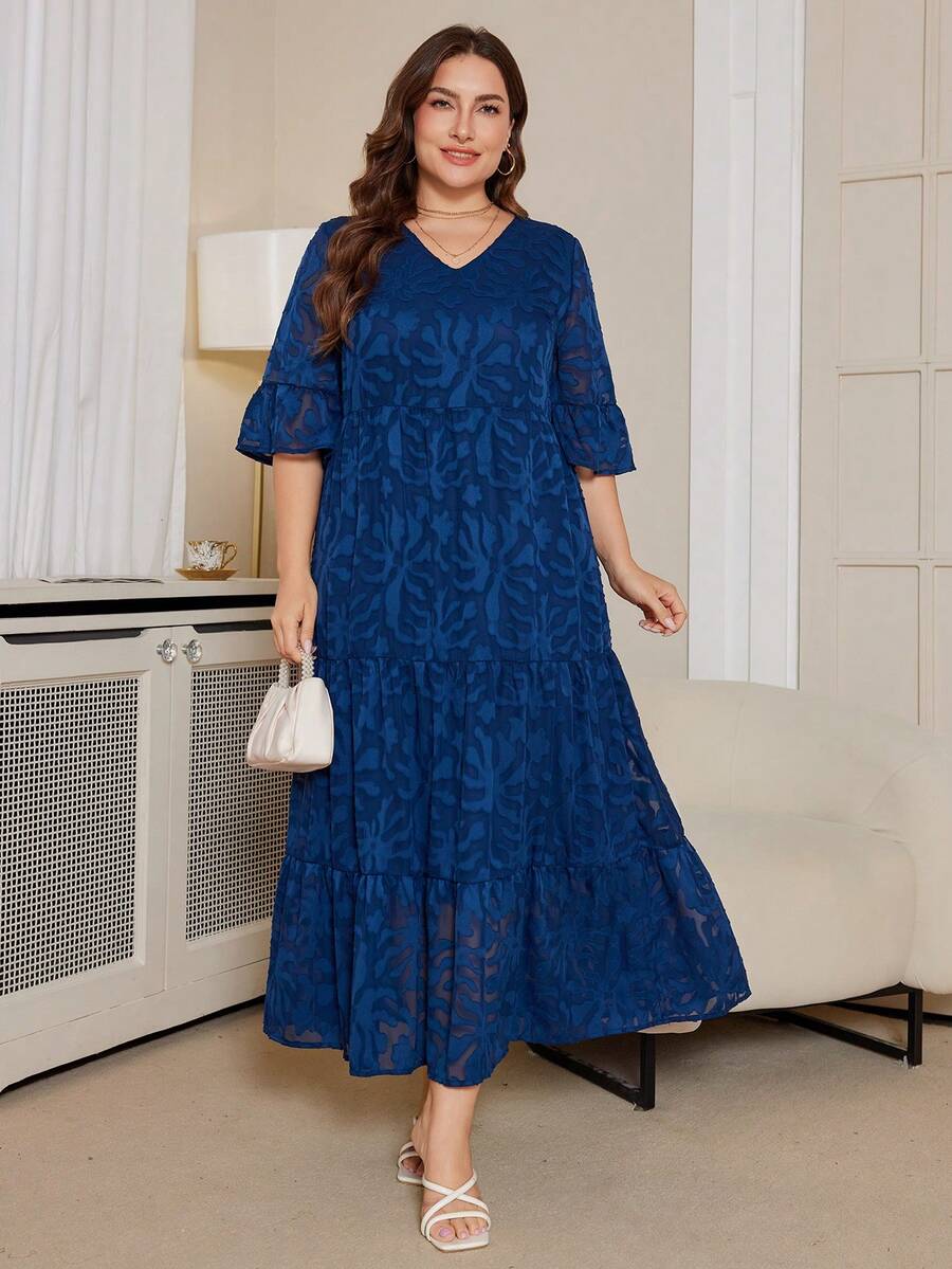 DEARCASE 大码女式深V领荷叶袖多层下摆长裙夏季度假优雅 - 海軍藍 - 查看 1