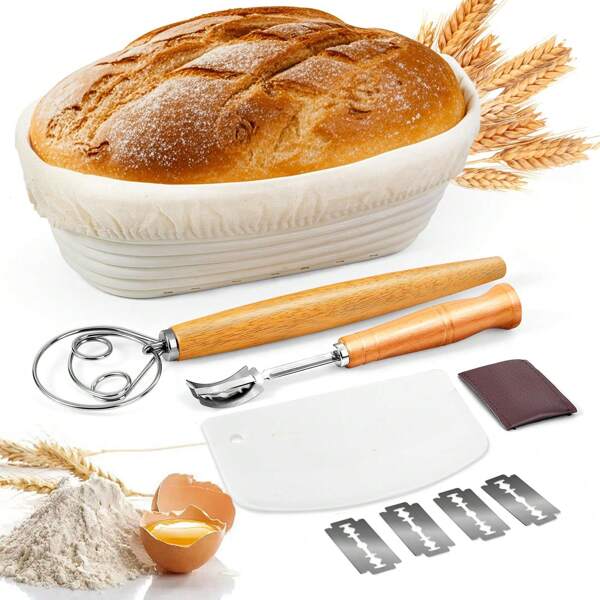 Ovale Brotgärkörbe, komplettes Sauerteigbrot-Backsortiment für Anfänger & Profis, Brotbackzubehör-Set mit Tucheinlage, Brotscore, Schaber