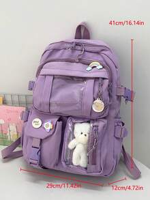 Two Tone Classic Backpack Letter Patch,Kawaii School Style: Cute Nylon Backpack With Pins & Accessor - Purple - View 10