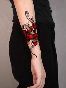 1pc Temporary Tattoo Red Flower & Black Snake Wrap Design, Waterproof & Sweatproof, Unisex - Multicolor - View 4
