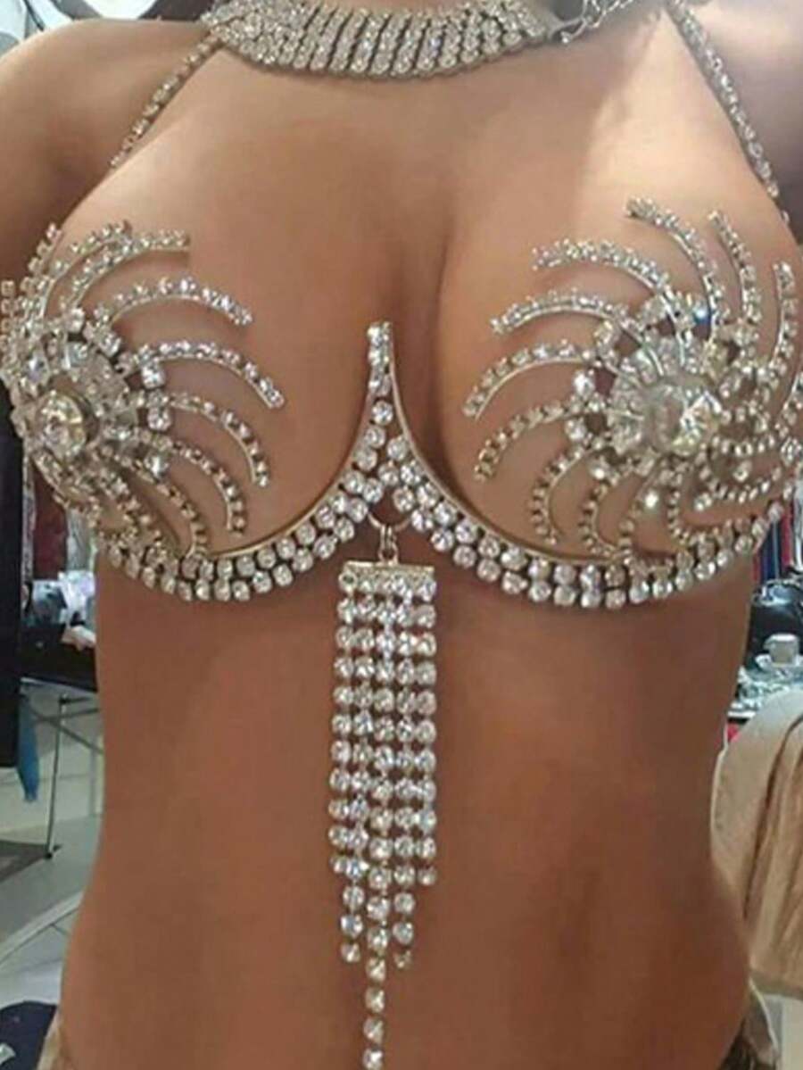 1pc European & American Windmill Crystal Bra Chain, Sexy Crystal Bikini Body Chain