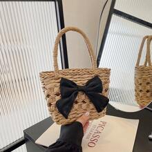 女孩蝴蝶结草编手提包，迷你编织篮包，度假风格 - A - 查看 7