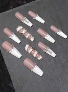 10 pezzi Unghie finte set di unghie a forma di feretro bianche, extra lunghe, con finitura lucida, realizzate a mano, con cristalli gioiello, design a croce bianco glitter cromo brillante, copertura totale, unghie finte per gel per ragazze e donne