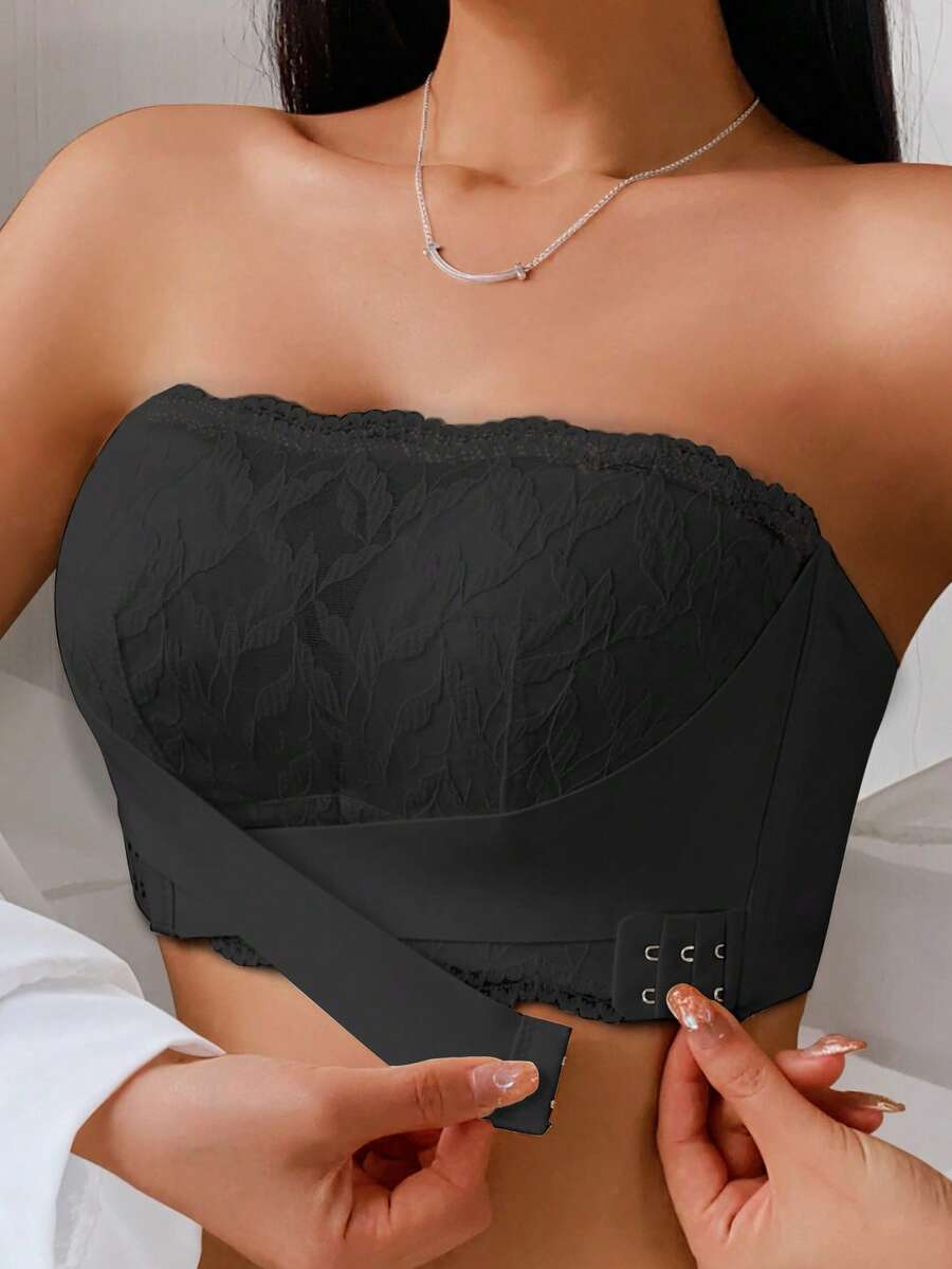 Women's Front Closure Bra Wireless Lace Comfortable Padded Seamless Anti-Slip Push Up Full Coverage Breathable, Black - Black - View 1