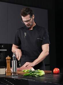 New Men's Short Sleeve Button Embroidery Decor Breathable Chef Coat With Small Stand Collar - Black - View 5