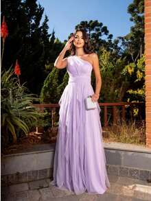 One-Shoulder Layered Bridesmaid Prom Dress - Lilac With Shine - View 1