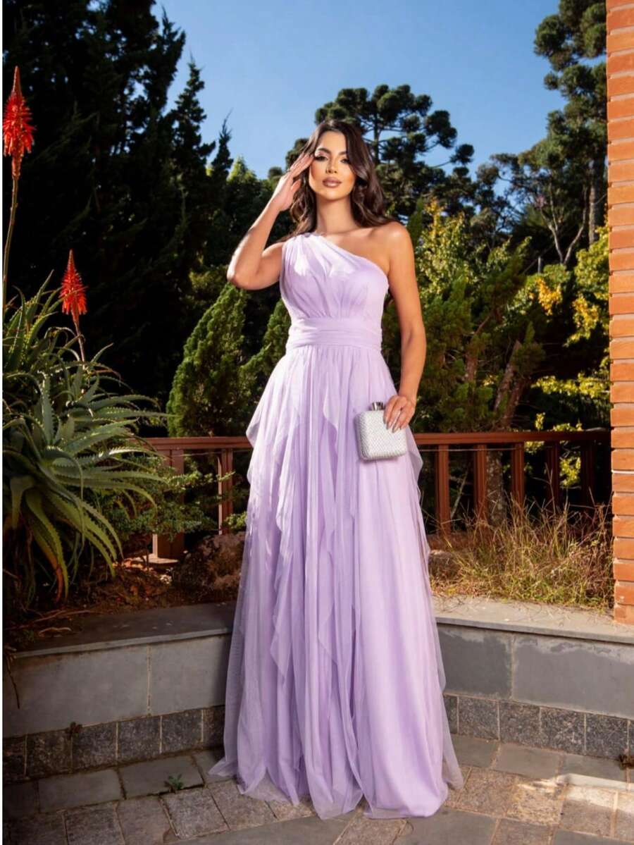 One-Shoulder Layered Bridesmaid Prom Dress - Lilac With Shine - View 1