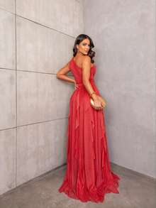 One-Shoulder Layered Bridesmaid Prom Dress - Rojo - Ver 4