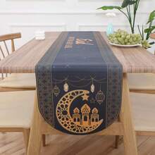 1pc Black & Golden Moon Themed Party Table Runner, Unique Polyester Table Cloth For Holiday & Dinner Decor - Multicolor - View 6