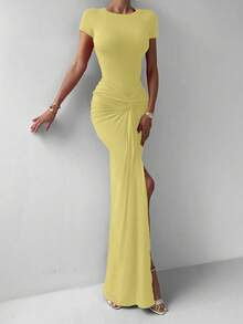 女士 2 件优雅奶油黄色修身高弹情人节短袖紧身衣，带荷叶边松紧腰长裙，适合春夏约会 - 淺黃色 - 查看 2