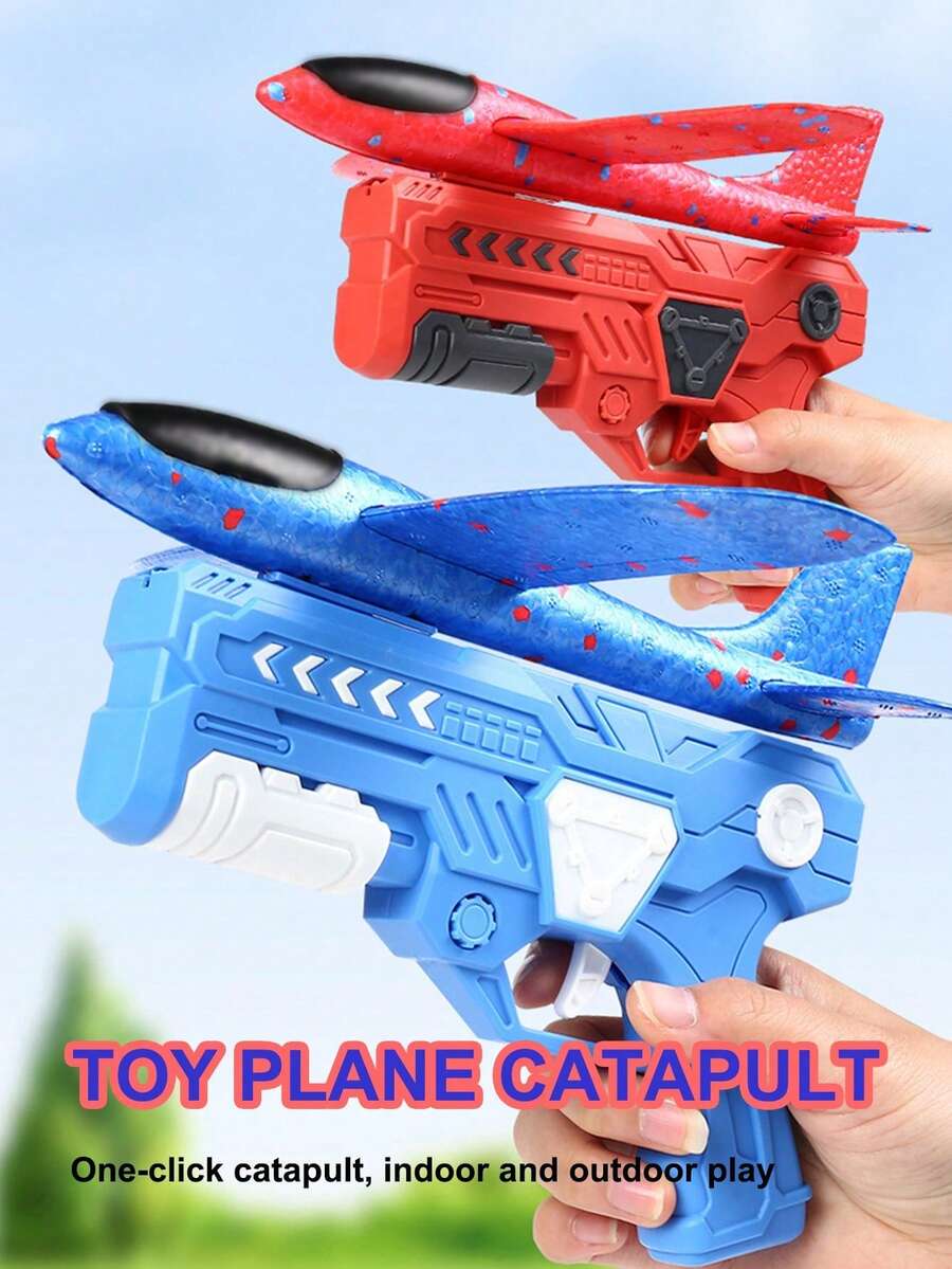 [Combo de 2 piezas: Avión de azul + rojo], lanzador de largo alcance sin batería, avión planeador interactivo para actividad entre padres e hijos, hecho de espuma EPP para lanzar a mano - Catapulta-Azul - Ver 1