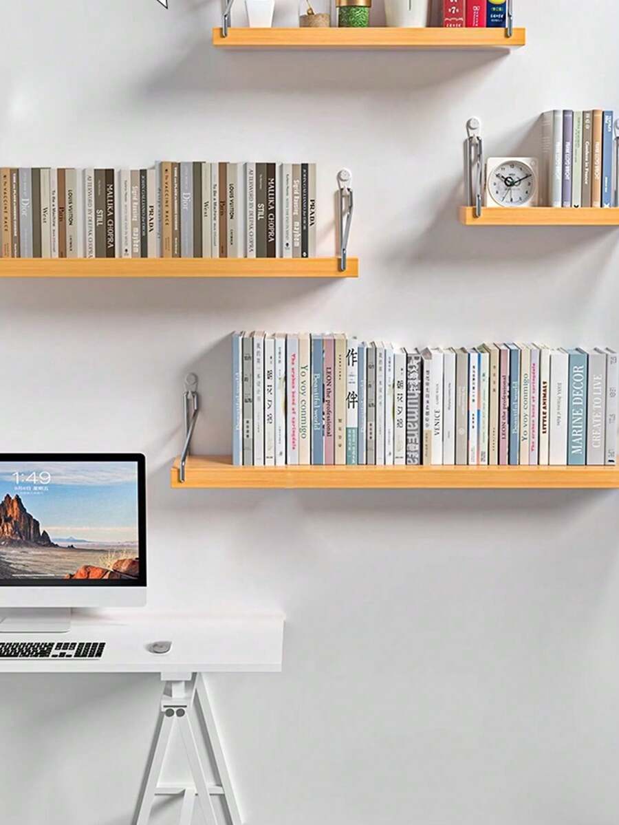 1 kệ gắn tường không cần khoan để đựng sách, cây cảnh, đồ trang trí, giá gỗ nổi để đồ trong phòng ký túc xá, nhà ở - Màu vàng - Xem 1