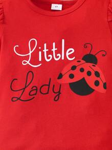 2pcs Girls' Summer Casual Outfit: Cap Sleeve Round Neck Puff Sleeve Ladybug T-Shirt With Bow Detail & Ladybug Printed Ruffle Shorts, Suitable For 4-7 Years Old