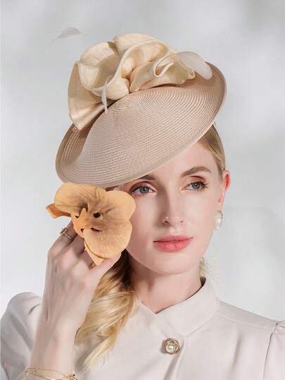 HIMESPORT 2026 Bridal Fascinator Hat With Flowers - Straw Derby Tea Party Hair Accessories For Women, Church Wedding Cocktail Feather Headpiece