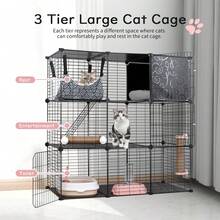 BreeRainz Jaulas para gatos de interior, recinto de 3 niveles para armar uno mismo con hamaca grande, caseta de alambre de metal para mascotas, caja de arena, cama, rascadores, cuenco y escaleras para 1 o 2 gatos. - Negro - Ver 8