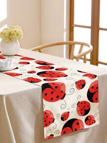 1pc Hand-Painted Seven-Spot Ladybug Insect Print Linen Table Runner, Suitable For Holidays, Parties, Birthdays, Dinners, Kitchen, Dining Room Decor, Shoe Cabinet Cover, All Season Home Decor - Multicolor - View 5