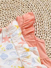 3 Pieces Set Baby Girl Spring/Summer Outfit: 1pc Yellow Bird & Leaf Print, 1pc Pink Ditsy Floral, 1pc Blue Bird & Leaf Print Cap Sleeve Bodysuit - Multicolor - View 4